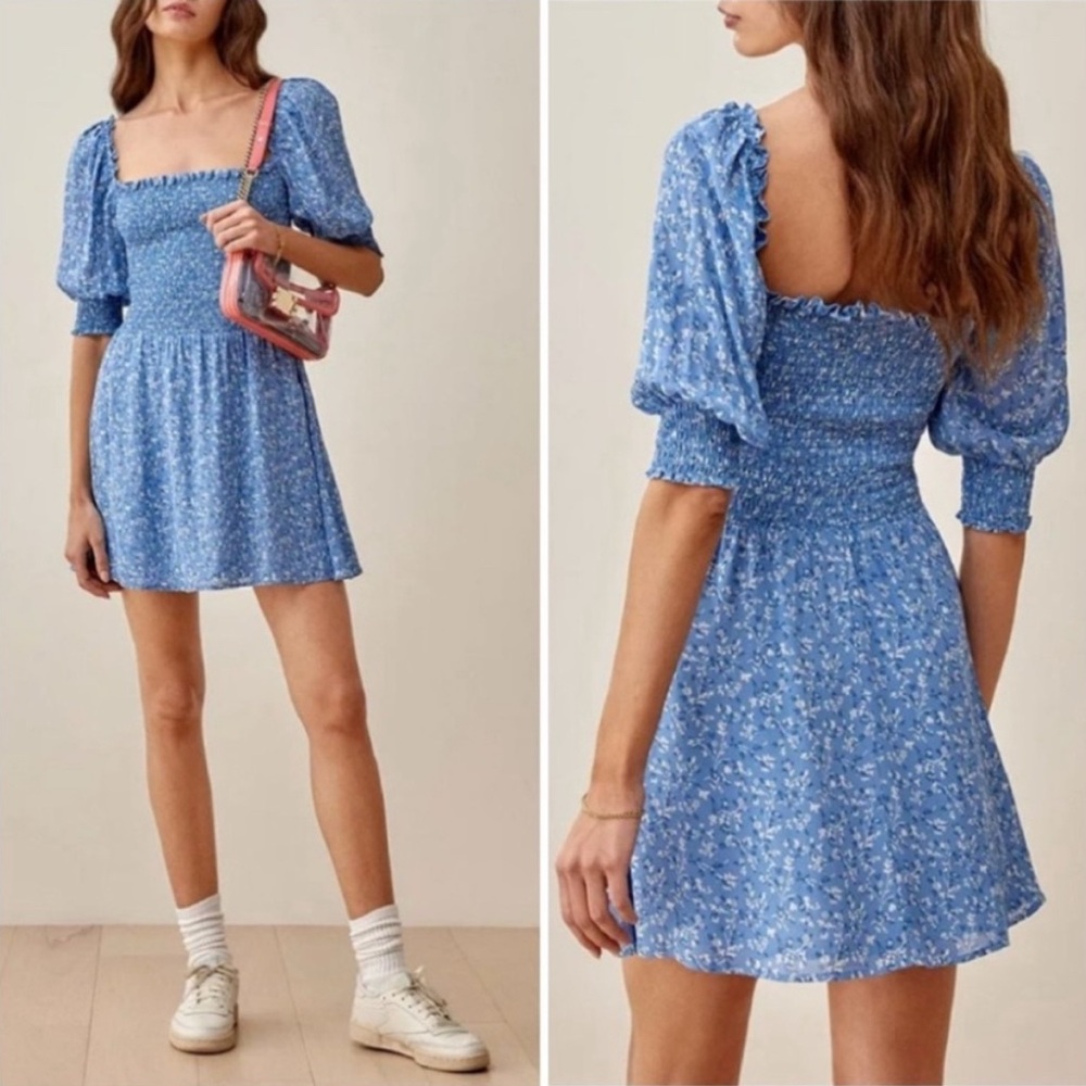 Reformation Elle Shirred Floral Print Georgette Mini Dress in Blue 2
